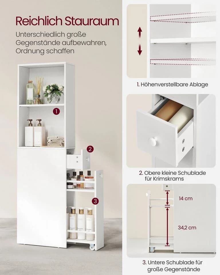 VASAGLE Badkommode mit Schubladen und höhenverstellbarer Ablage Klassikweiß - Bild 3