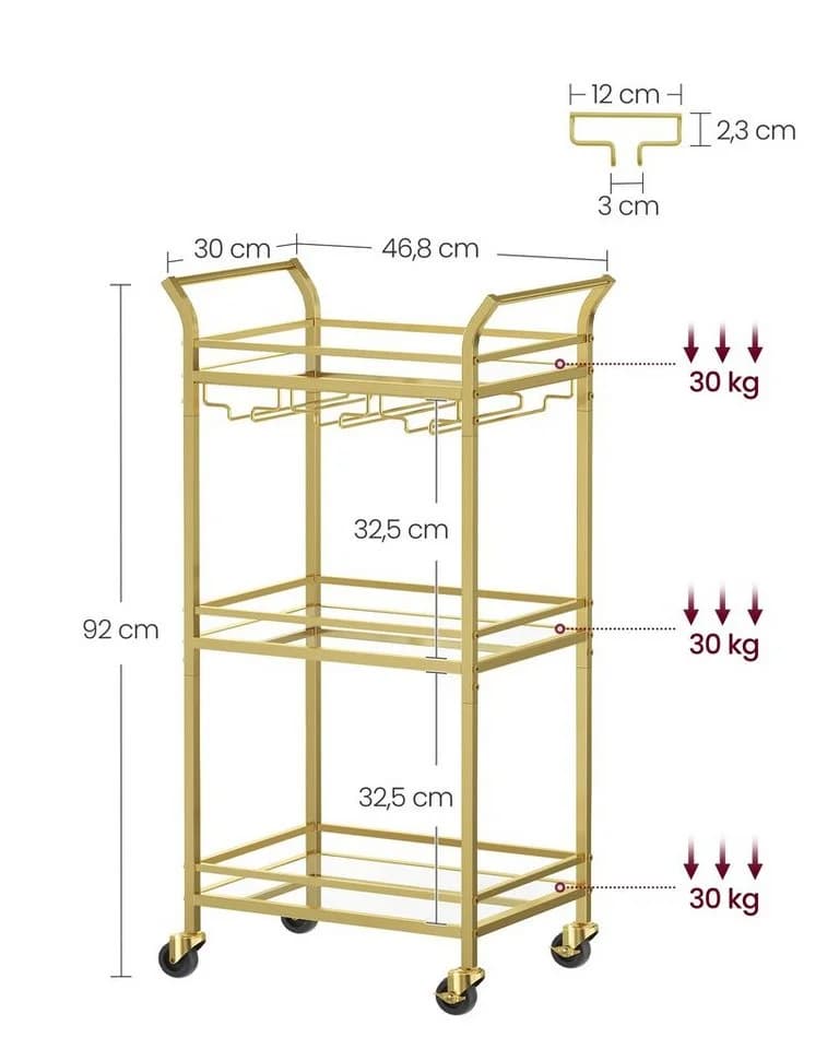 VASAGLE Servierwagen Goldfarben/Schwarz Barwagen 3 verspiegelte Glasablagen - Bild 3