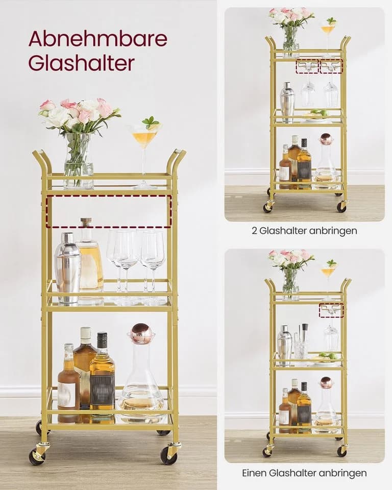 VASAGLE Servierwagen Goldfarben/Schwarz Barwagen 3 verspiegelte Glasablagen - Bild 5