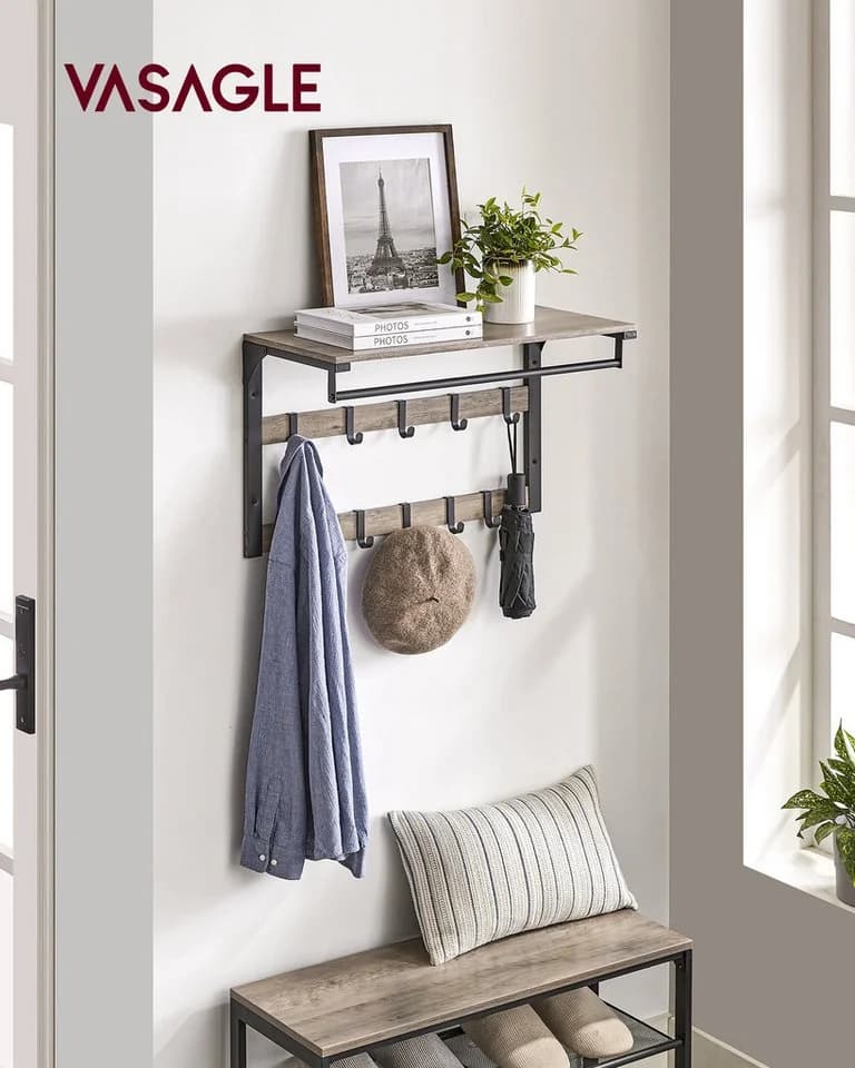 VASAGLE Wandgarderobe Wandregal mit Haken 65 x 30 x 42 cm Grau