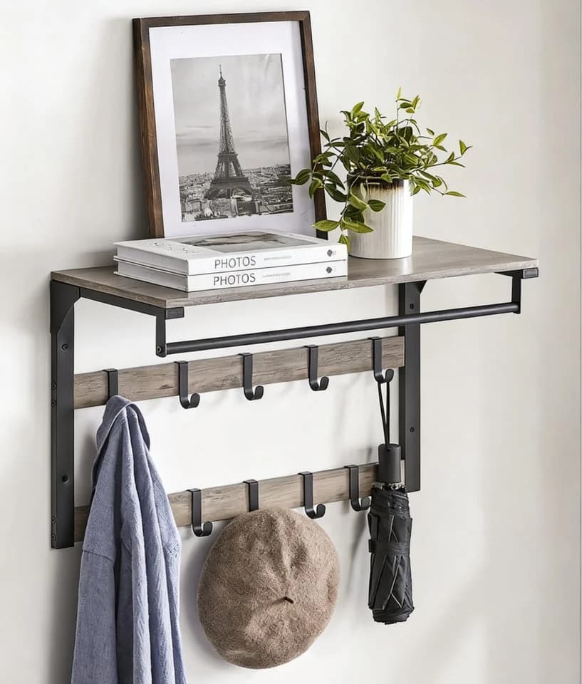 VASAGLE Wandgarderobe Wandregal mit Haken 65 x 30 x 42 cm Grau - Bild 2