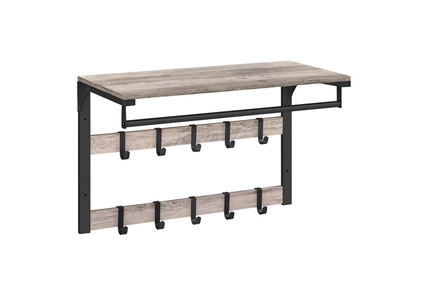 VASAGLE Wandgarderobe Wandregal mit Haken 65 x 30 x 42 cm Grau - Bild 3