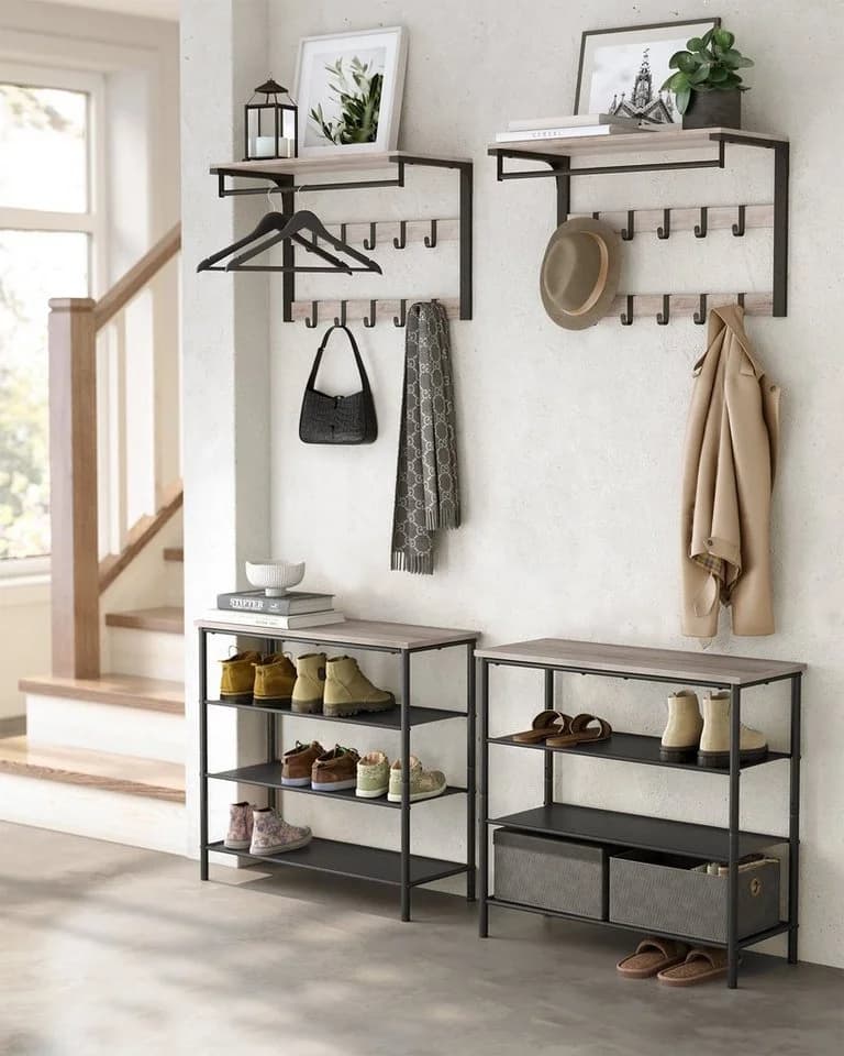 VASAGLE Wandgarderobe Wandregal mit Haken 65 x 30 x 42 cm Grau - Bild 4