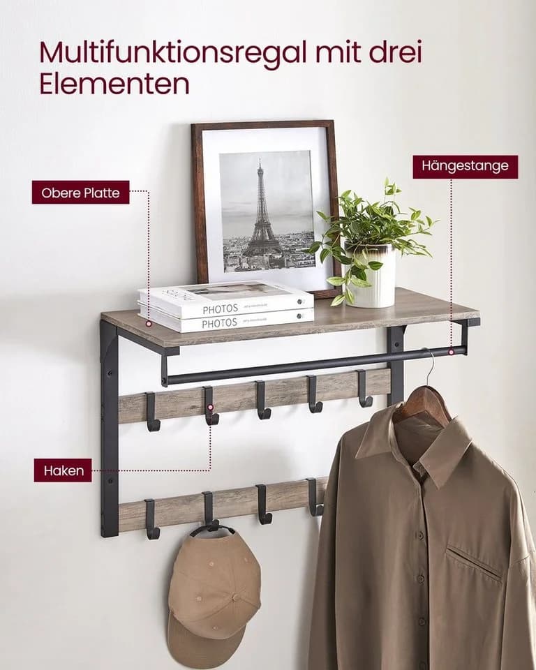 VASAGLE Wandgarderobe Wandregal mit Haken 65 x 30 x 42 cm Grau - Bild 5