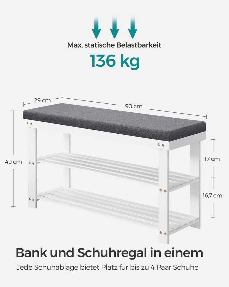 SONGMICS Schuhbank Bambus Weiß-Grau mit gepolsterter Sitzfläche - Bild 5