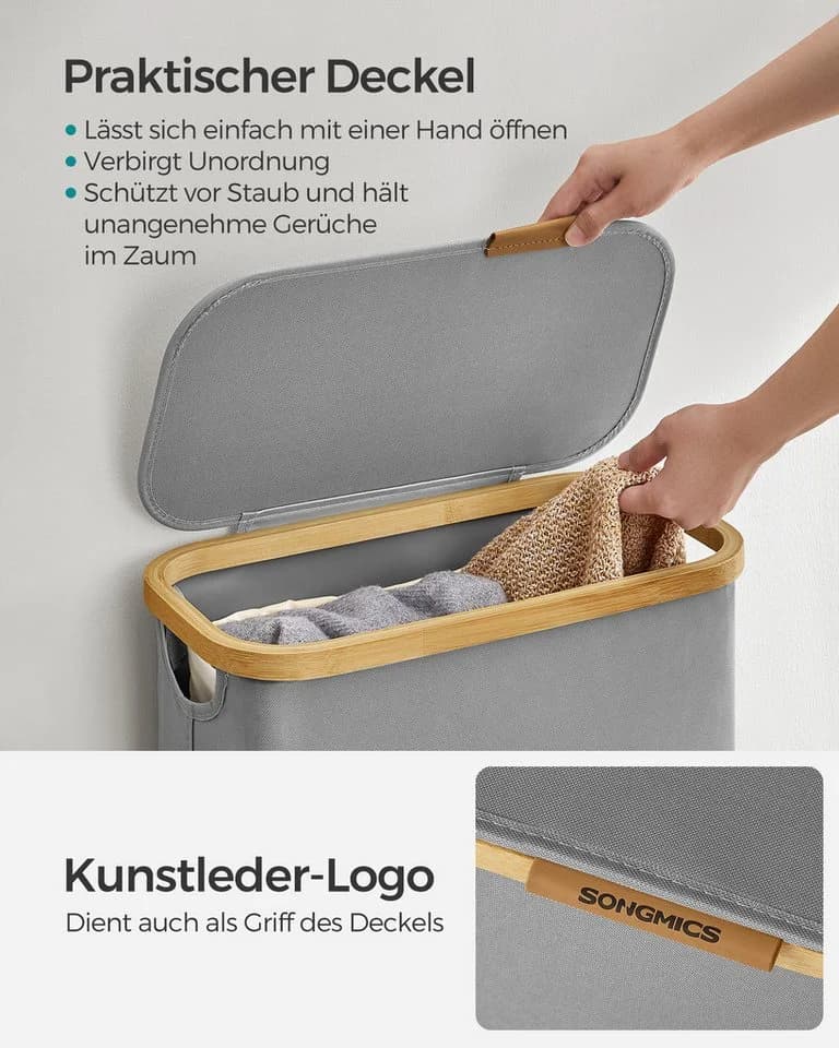 SONGMICS Wäschekorb 65 L mit Deckel und Bambusgriffen - Bild 4