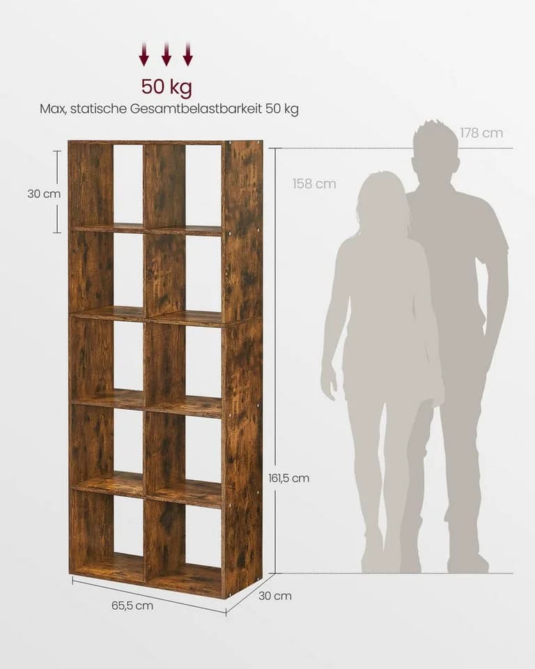 VASAGLE Bücherregal Standregal 10 Fächer Weiß/Braun Skandinavischer Stil - Bild 5
