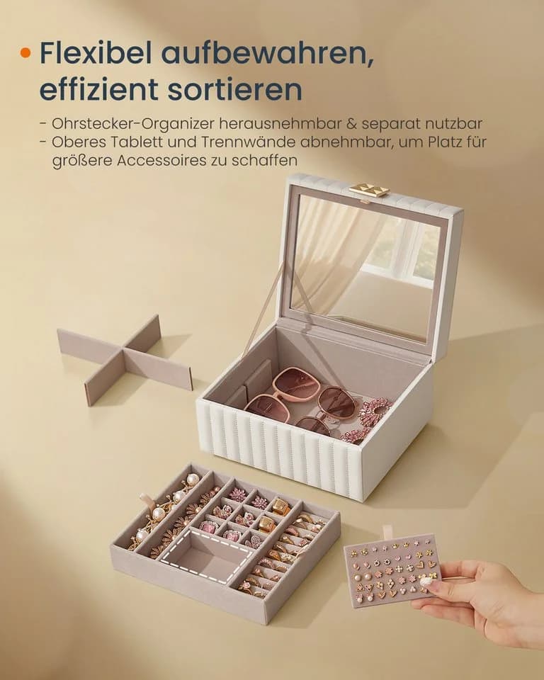 SONGMICS HOME Schmuckkasten Schmuckbox Schmuckaufbewahrung 2 Ebenen Spiegel Wolkenweiß - Bild 5