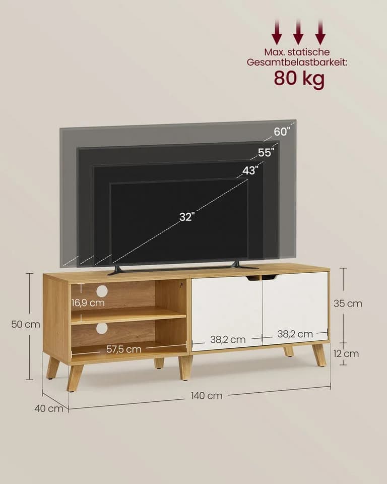 VASAGLE Lowboard TV-Schrank 140 cm für Fernseher bis 65 Zoll Weiß/Braun - Bild 4