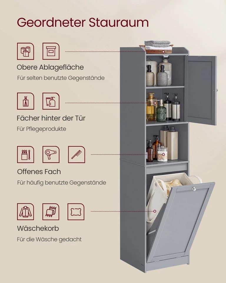 VASAGLE Badezimmerschrank Taubengrau MDF Polyestergewebe - Bild 3