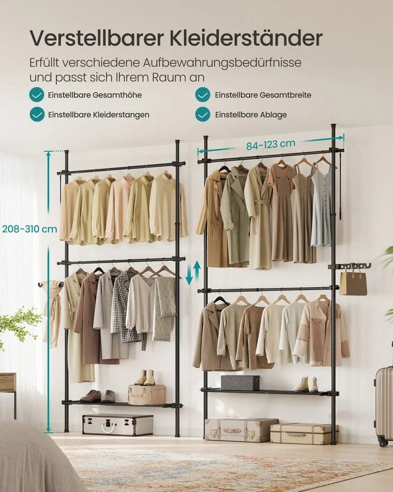 SONGMICS Kleiderständer Deckenhoch 3-stufig Höhenverstellbar Mattweiß - Bild 3