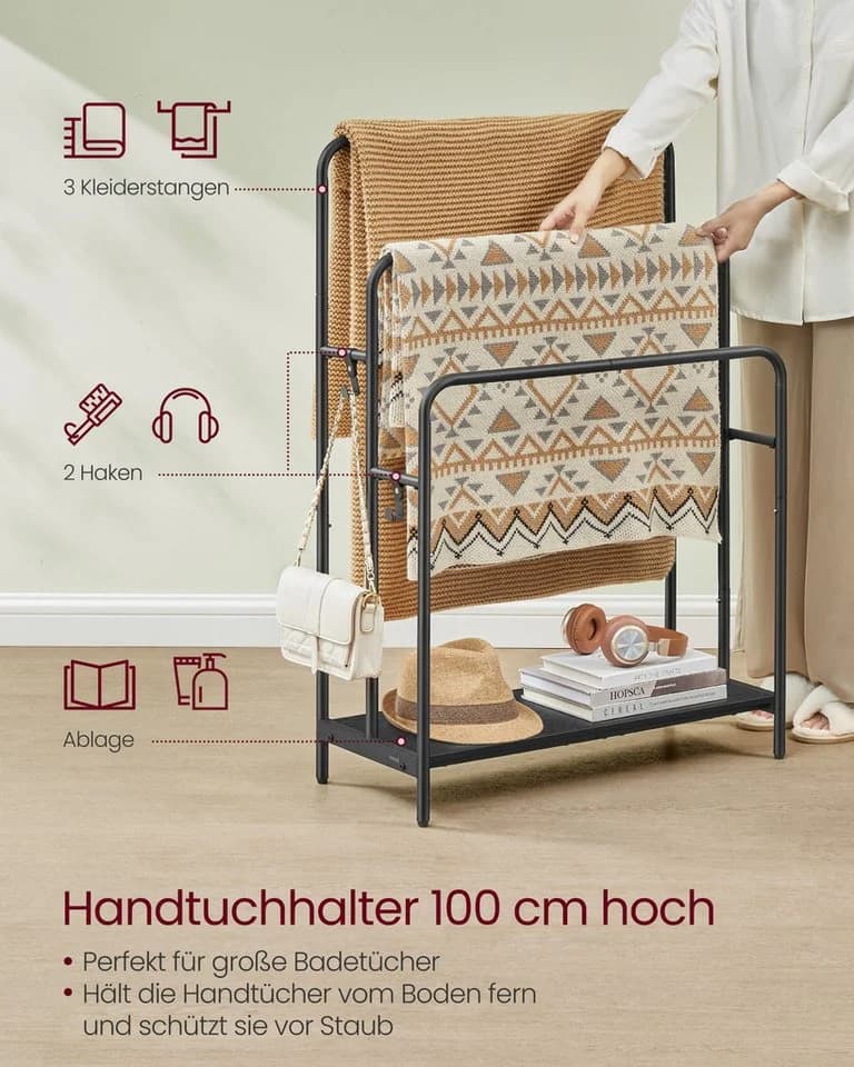 VASAGLE Handtuchhalter 3 Stangen 2 Haken Schwarz - Bild 4