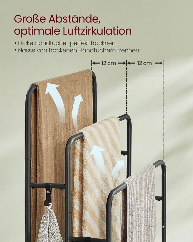 VASAGLE Handtuchhalter 3 Stangen 2 Haken Schwarz - Bild 5