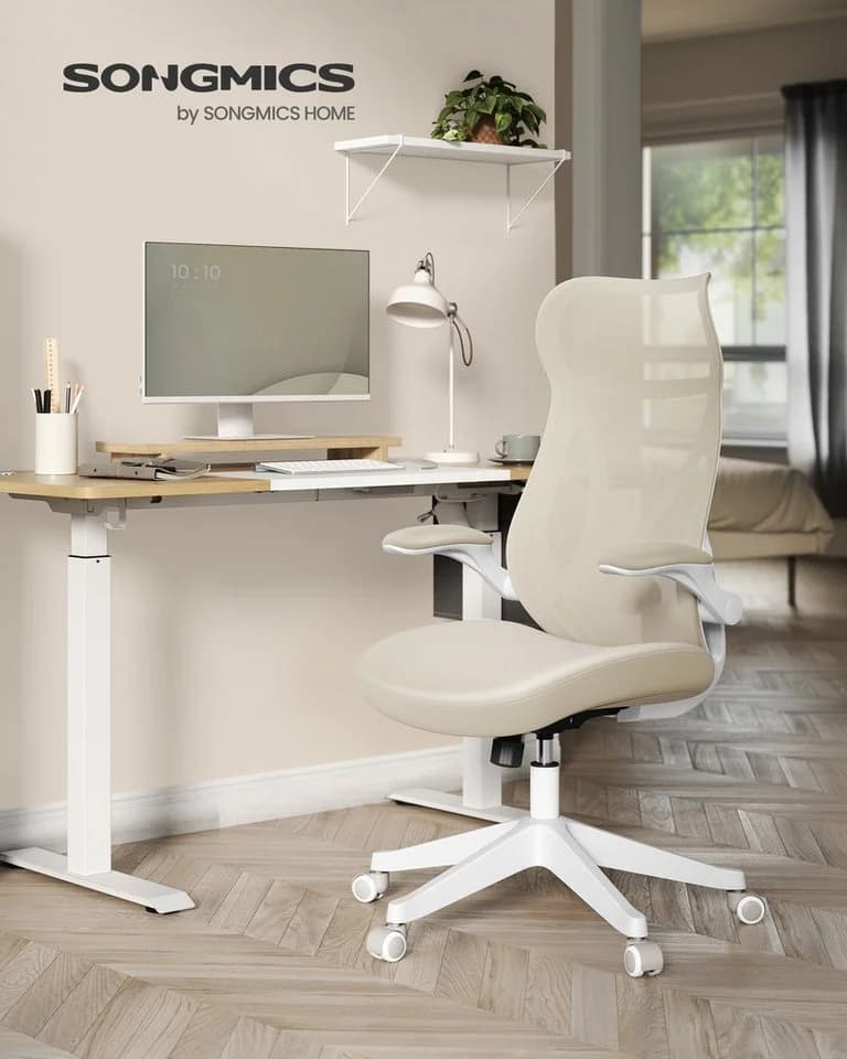 SONGMICS Bürostuhl ergonomische Rückenlehne hochklappbare Armlehnen Beige