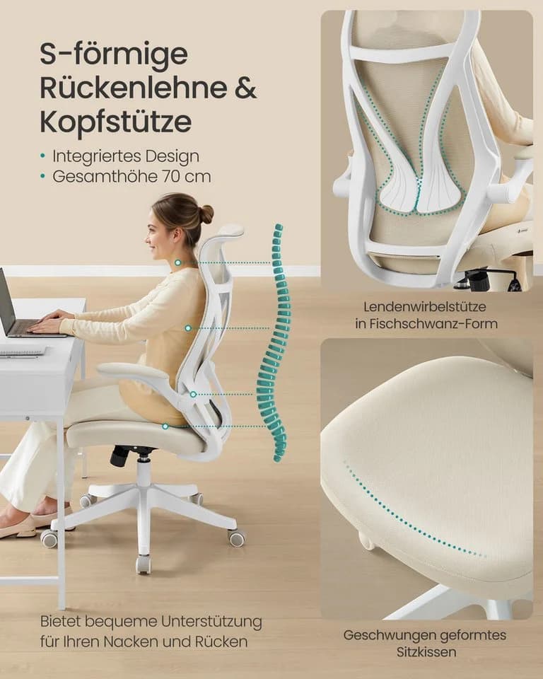 SONGMICS Bürostuhl Schreibtischstuhl Ergonomische Rückenlehne Hochklappbare Armlehnen Beige - Bild 3