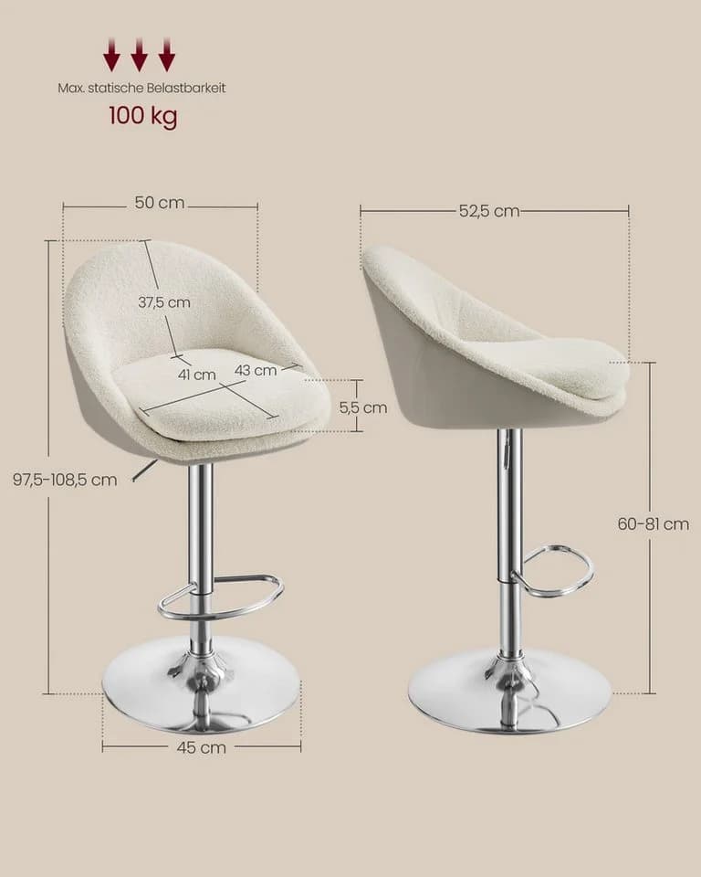 VASAGLE Barhocker 2er Set Weiß Höhenverstellbar Drehbar Küchenstuhl - Bild 3