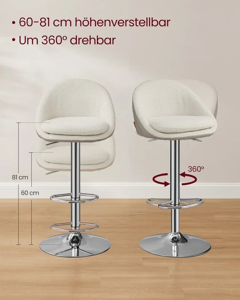 VASAGLE Barhocker 2er Set Weiß Höhenverstellbar Drehbar Küchenstuhl - Bild 4