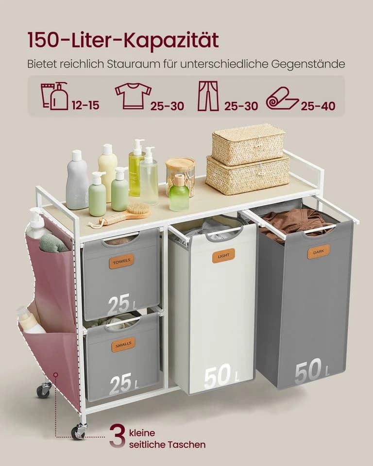 VASAGLE Wäschesortierer 150 L Beige/Grau - Bild 3