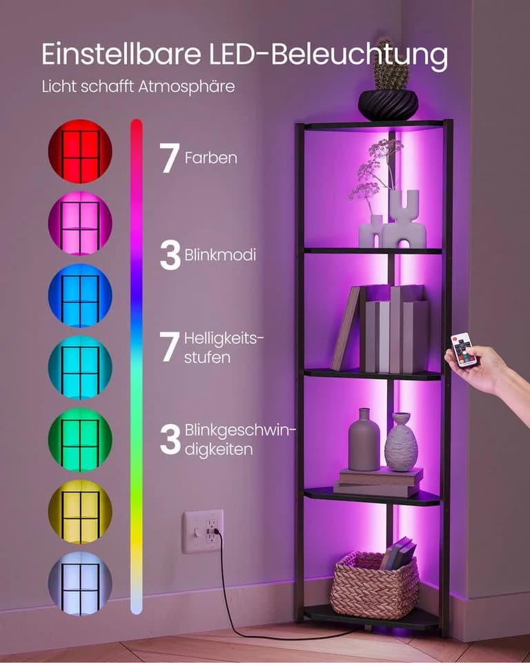 VASAGLE Eckregal 5 Ebenen Bücherregal mit LED-Beleuchtung Ebenholzschwarz - Bild 3