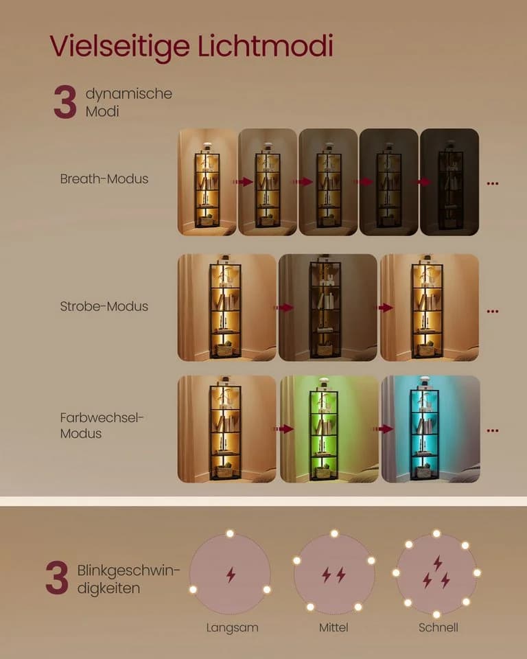 VASAGLE Eckregal 5 Ebenen Bücherregal mit LED-Beleuchtung Ebenholzschwarz - Bild 4