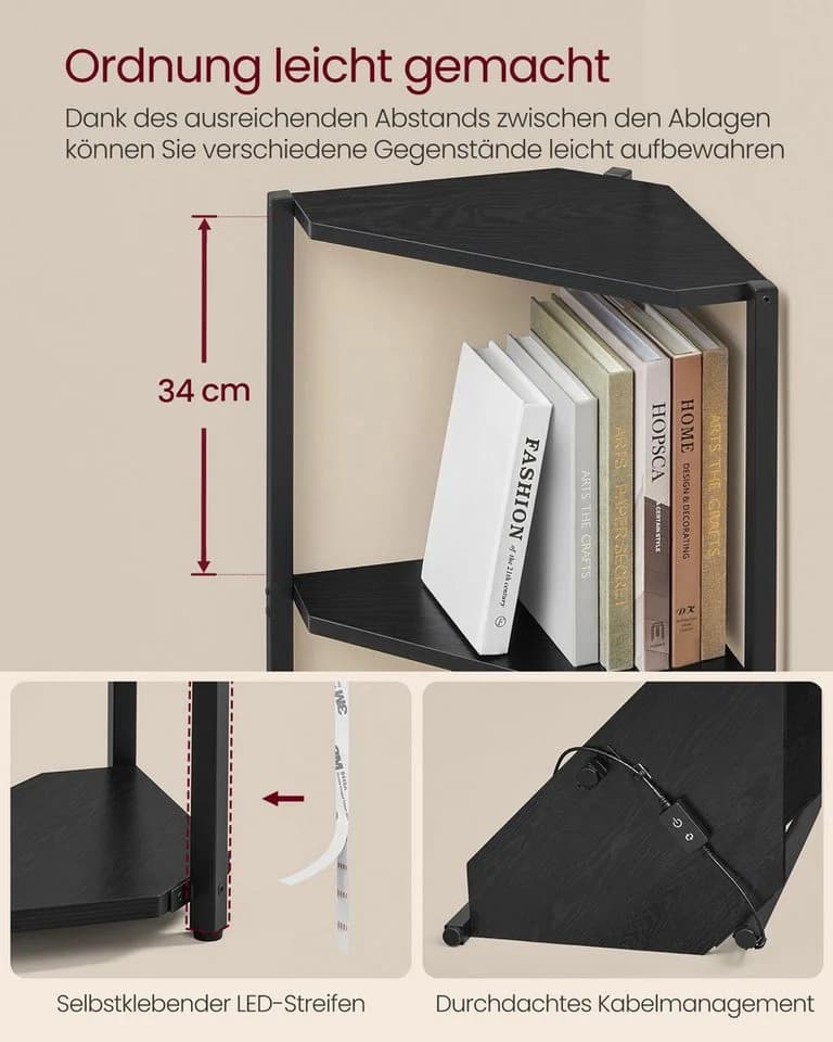 VASAGLE Eckregal 5 Ebenen Bücherregal mit LED-Beleuchtung Ebenholzschwarz - Bild 5