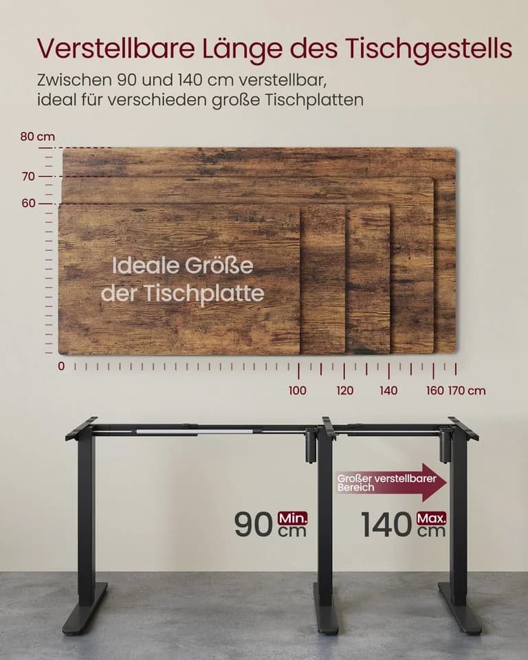 VASAGLE Höhenverstellbarer Schreibtisch Elektrisch 2 Haken 4 Rollen Memory-Funktion 3 Höhen - Bild 3