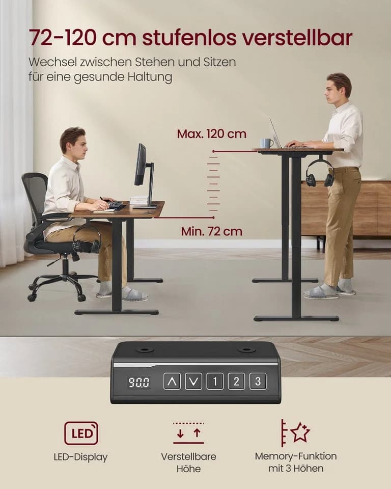 VASAGLE Höhenverstellbarer Schreibtisch Elektrisch 2 Haken 4 Rollen Memory-Funktion 3 Höhen - Bild 4