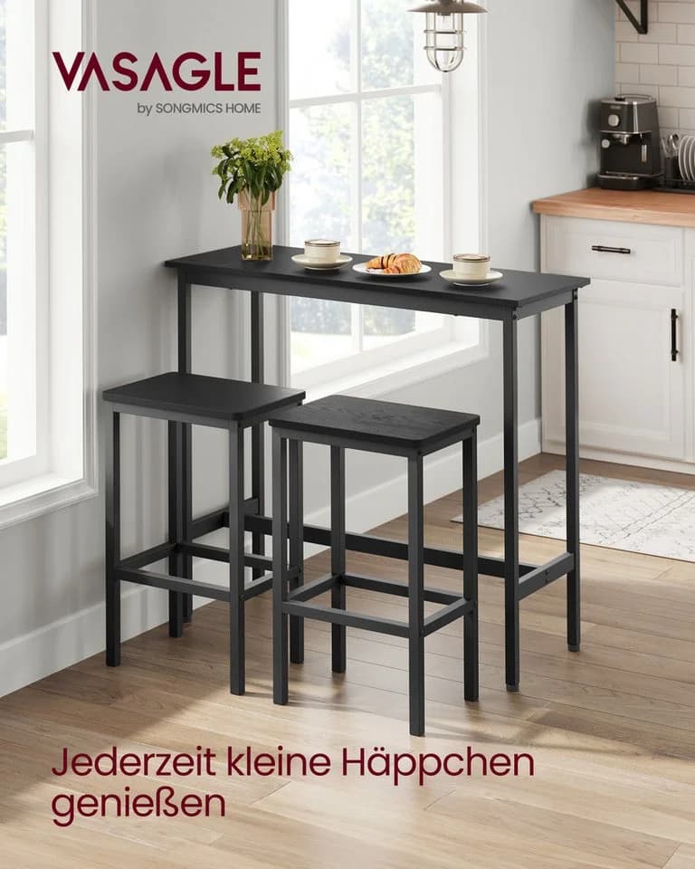 VASAGLE Bartisch-Set Stehtisch mit 2 Barhockern Ebenholzschwarz