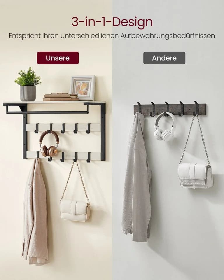 VASAGLE Wandgarderobe mit Ablage, Wandregal mit 10 Haken, Hängeregal, Flur Schlafzimmer - Bild 3