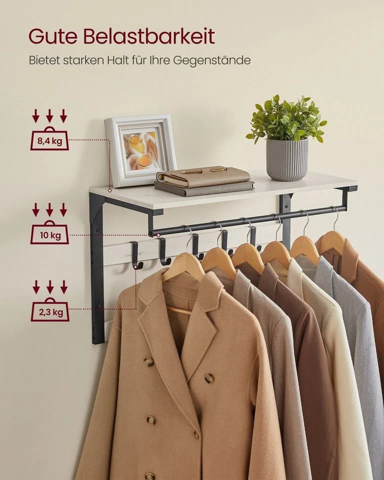 VASAGLE Wandgarderobe mit Ablage, Wandregal mit 10 Haken, Hängeregal, Flur Schlafzimmer - Bild 5