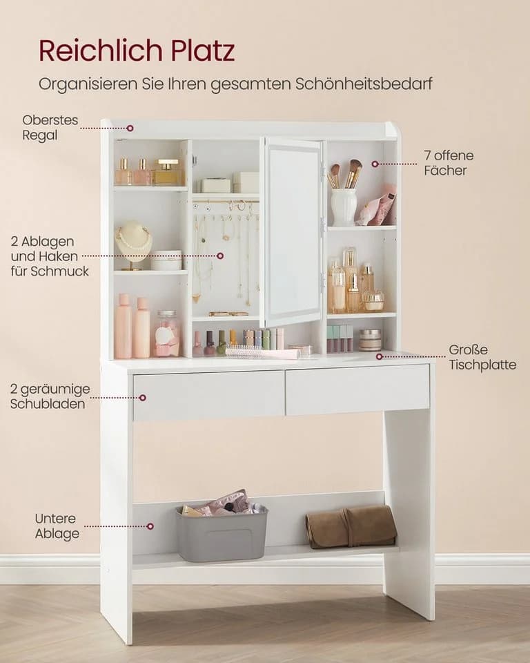 VASAGLE Schminktisch mit LED-Beleuchtung, 3 Farben, Weiß - Bild 3