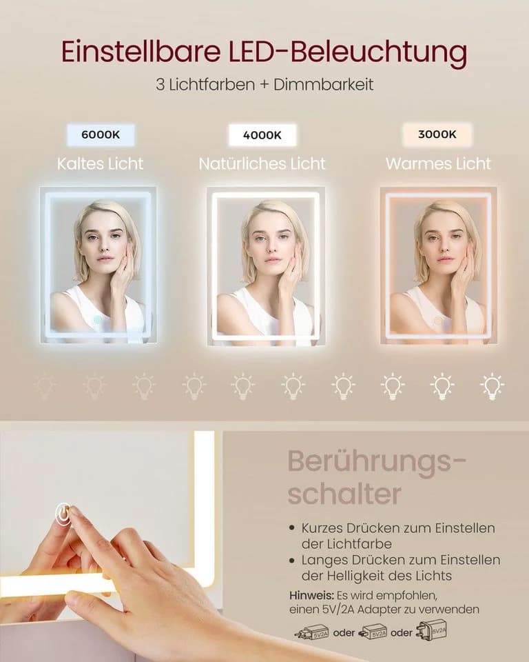 VASAGLE Schminktisch mit LED-Beleuchtung, 3 Farben, Weiß - Bild 5