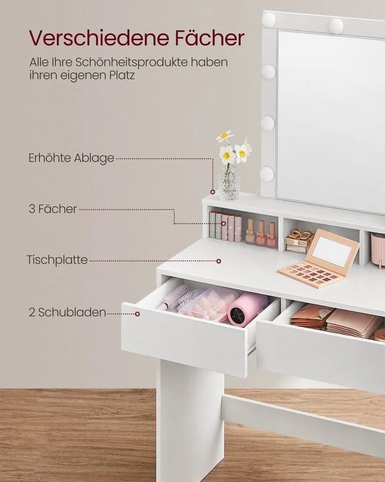 VASAGLE Schminktisch Kosmetiktisch LED-Beleuchtung Weiß - Bild 3