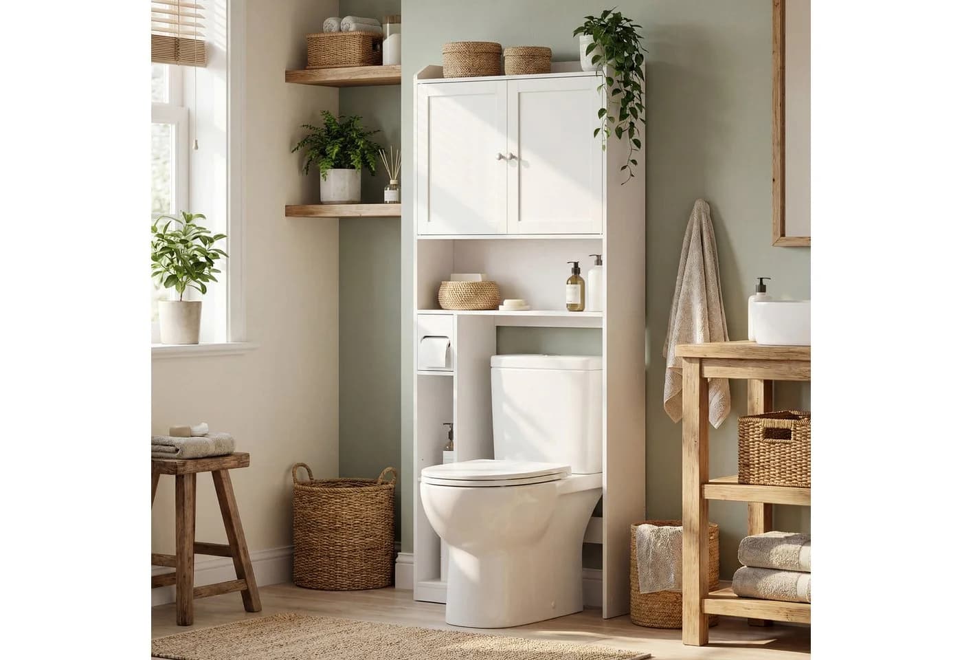 VASAGLE Badregal Toilettenregal mit Schiebetür Wolkenweiß