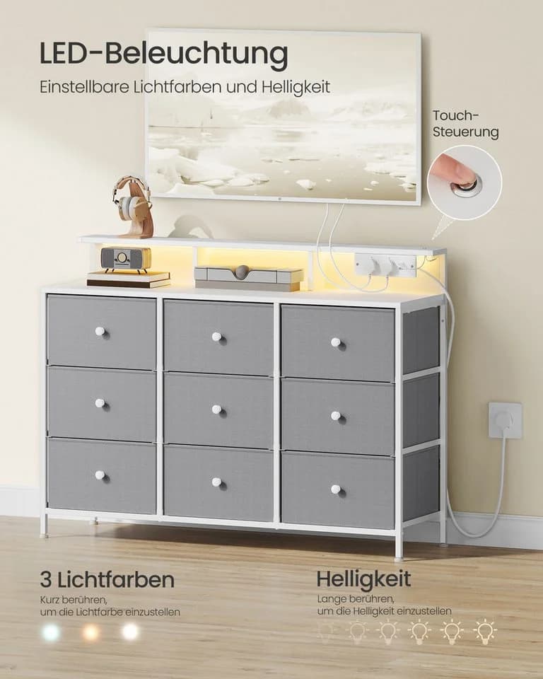 SONGMICS Kommode 9 Schubladen LED Steckdosenleiste Wolkenweiß - Bild 3
