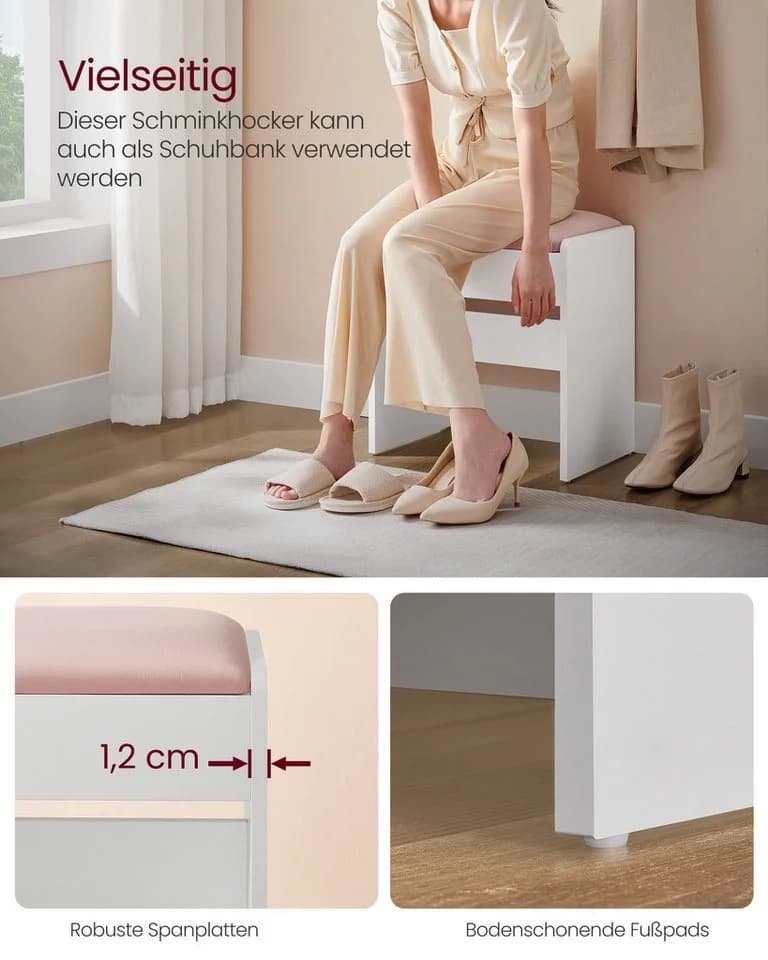 VASAGLE Schminktischhocker Mattweiß-Pastellrosa mit rutschfesten Fußpads - Bild 3
