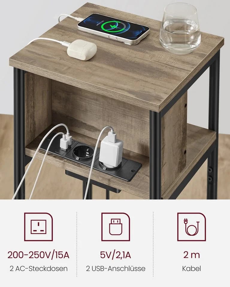 VASAGLE Beistelltisch mit Steckdose, 2 AC-Anschlüsse, 2 USB-Anschlüsse - Bild 4