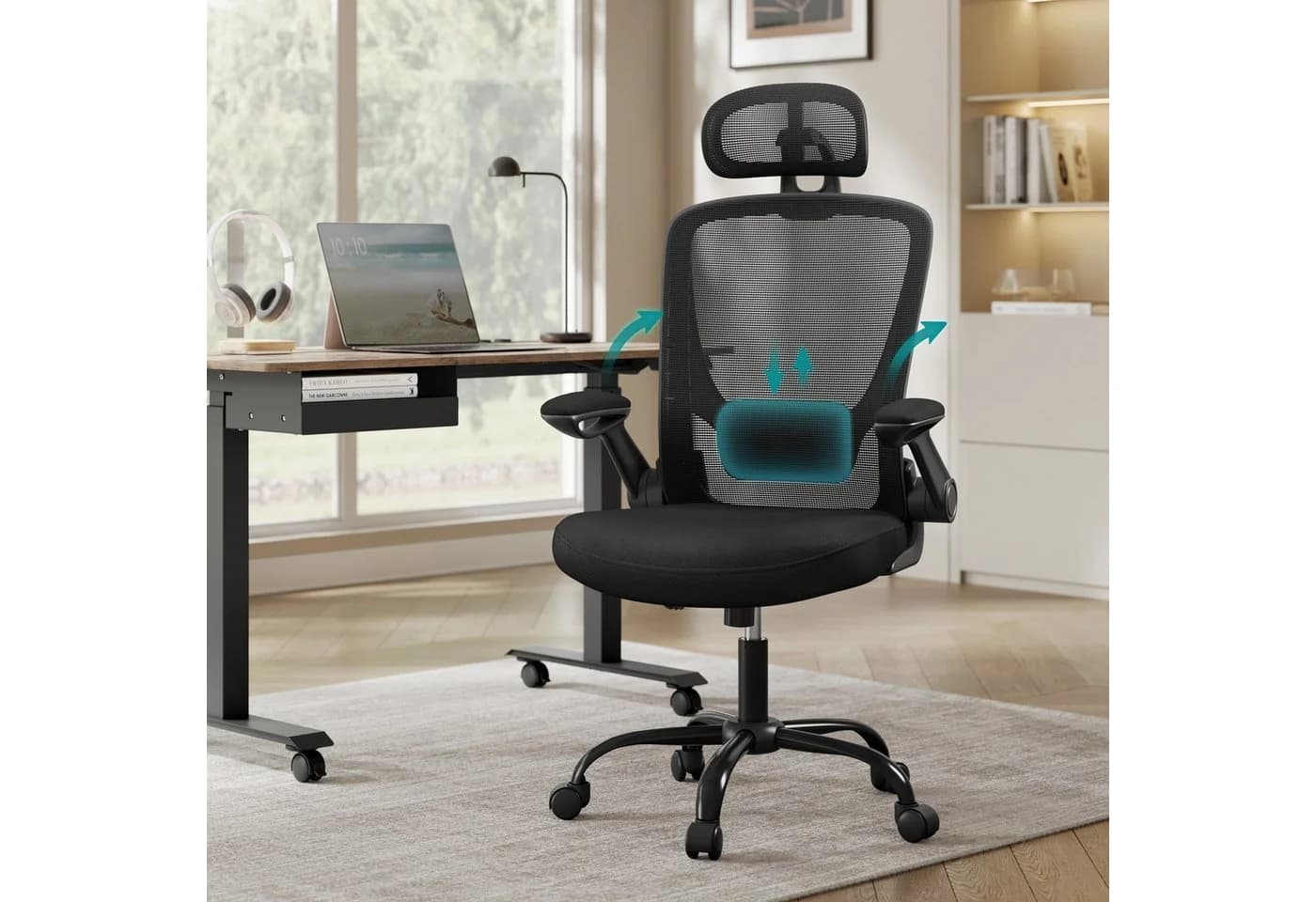SONGMICS Bürostuhl Ergonomisch Drehstuhl Mesh Wippfunktion Klappbare Armlehnen Schwarz