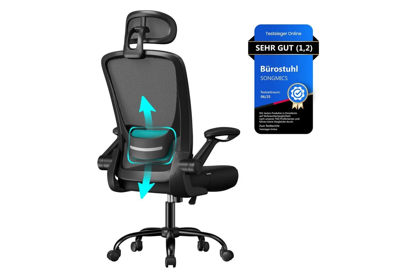 SONGMICS Bürostuhl Ergonomisch Drehstuhl Mesh Wippfunktion Klappbare Armlehnen Schwarz - Bild 2