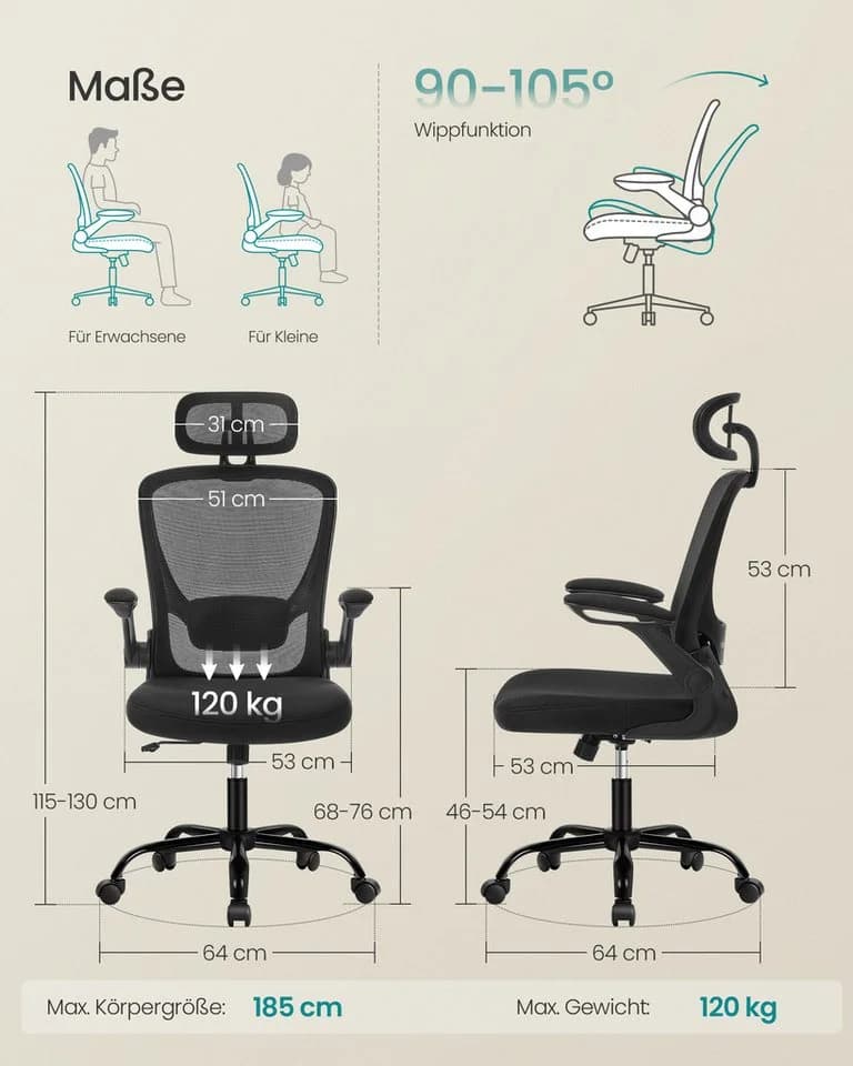 SONGMICS Bürostuhl Ergonomisch Drehstuhl Mesh Wippfunktion Klappbare Armlehnen Schwarz - Bild 3