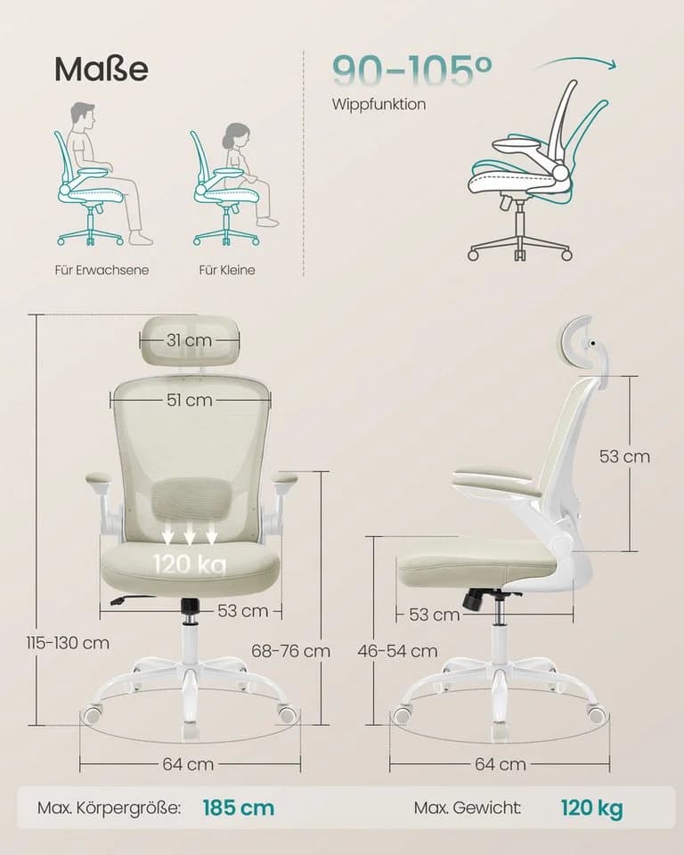 SONGMICS Bürostuhl Ergonomisch Drehstuhl Mesh Wippfunktion Klappbare Armlehnen Beige - Bild 3