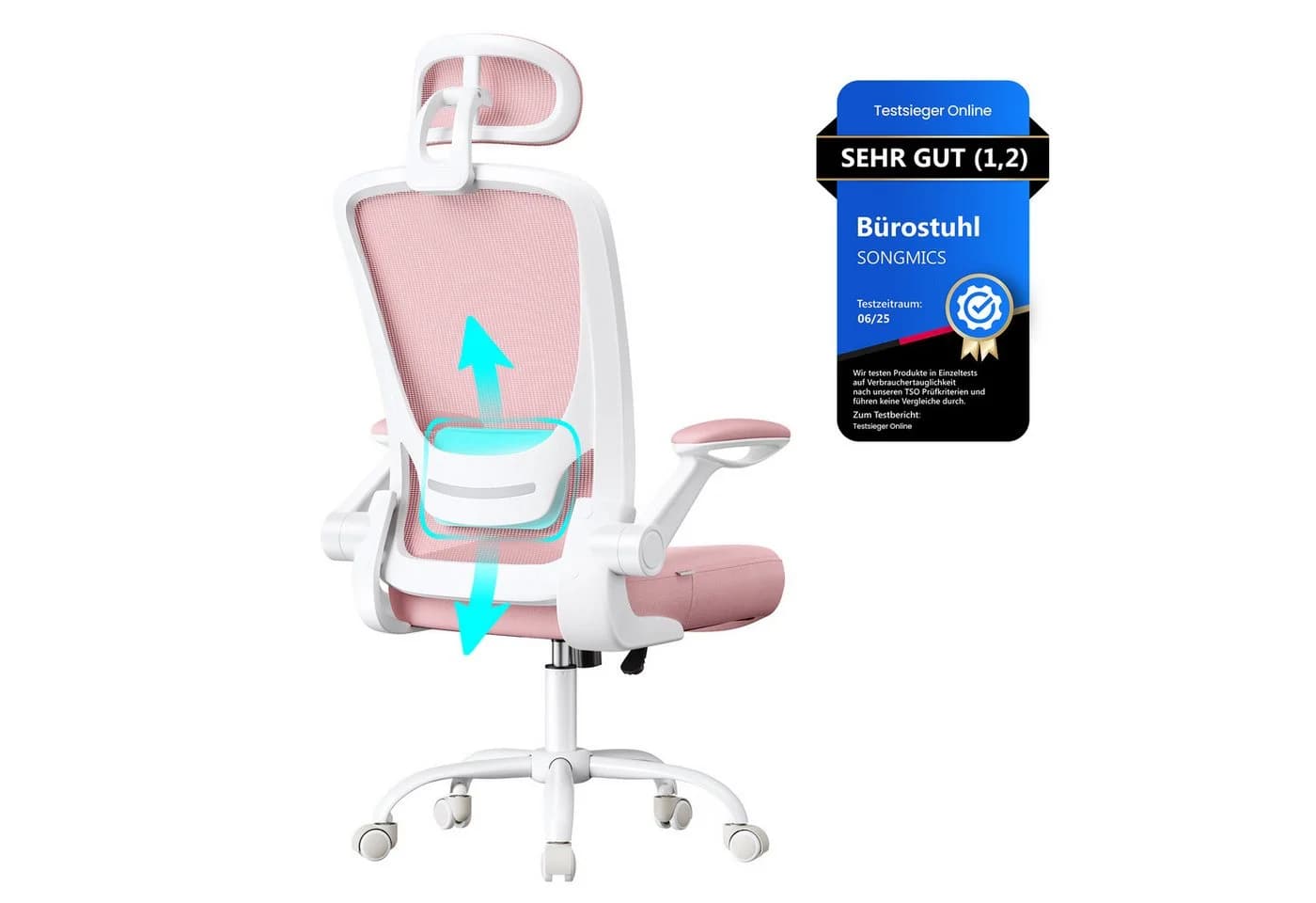 SONGMICS Bürostuhl Ergonomisch Drehstuhl Mesh Wippfunktion Klappbare Armlehnen Rosa - Bild 2