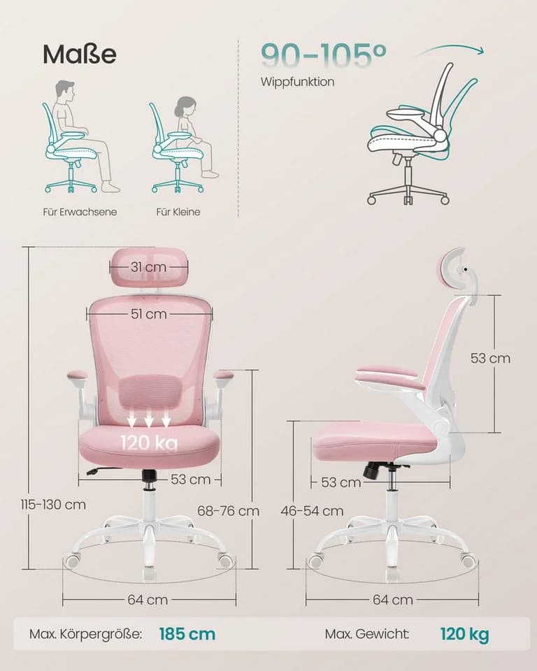 SONGMICS Bürostuhl Ergonomisch Drehstuhl Mesh Wippfunktion Klappbare Armlehnen Rosa - Bild 3