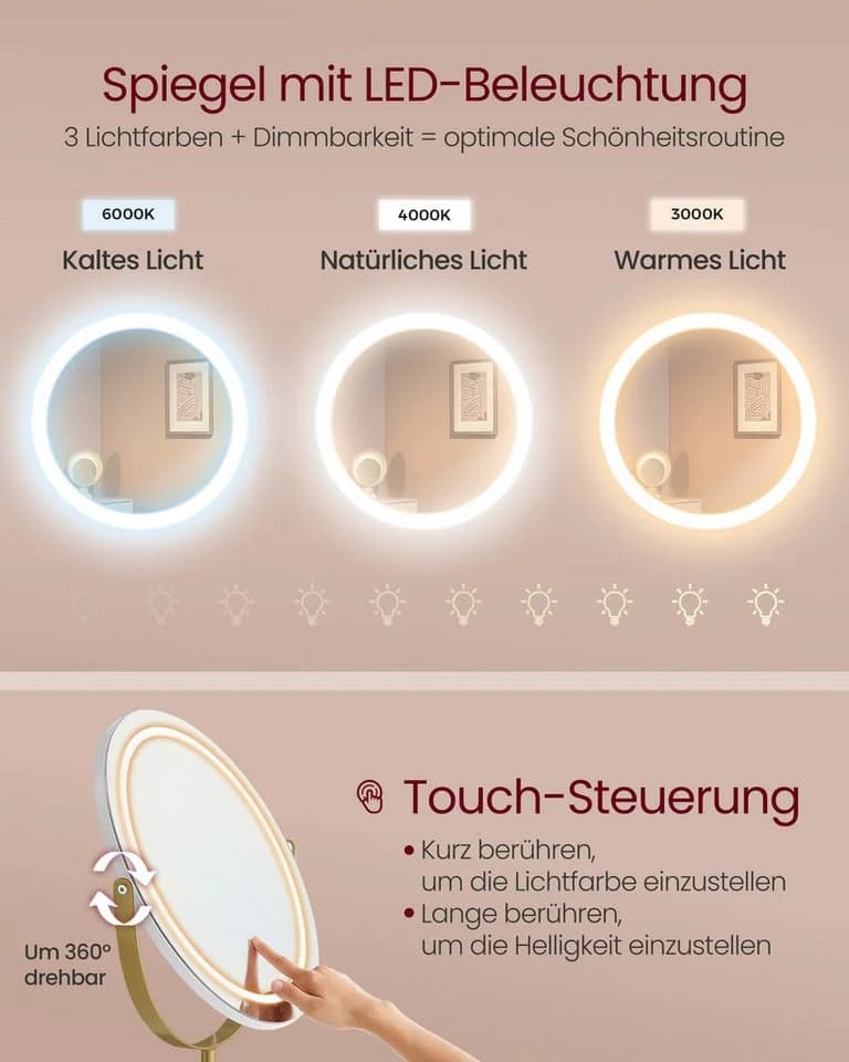 VASAGLE Schminktisch 80 cm Beleuchtung Spiegel Schubladen Hocker - Bild 5