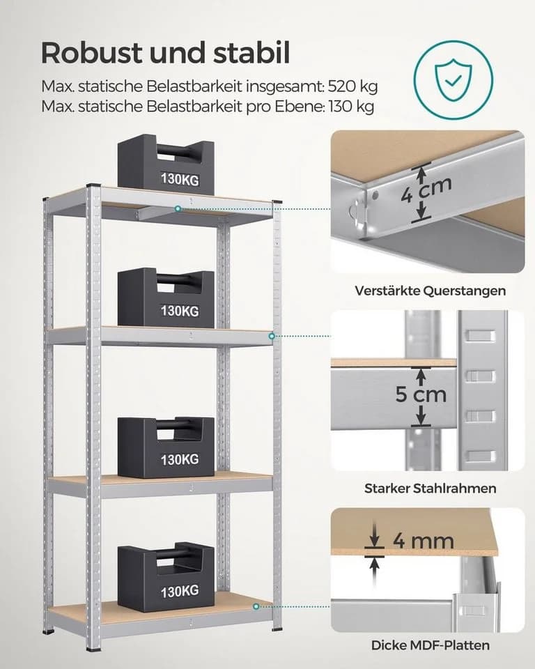 SONGMICS Standregal Küchenregal 2-tlg. 40 x 80 x 160 cm Silber - Bild 3