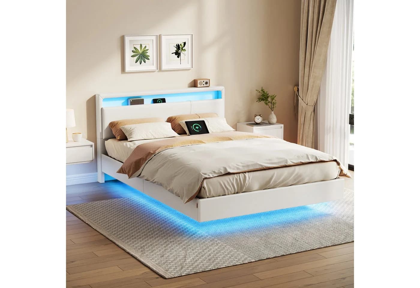 VASAGLE Polsterbett 140x200 cm LED Schwebendes Design