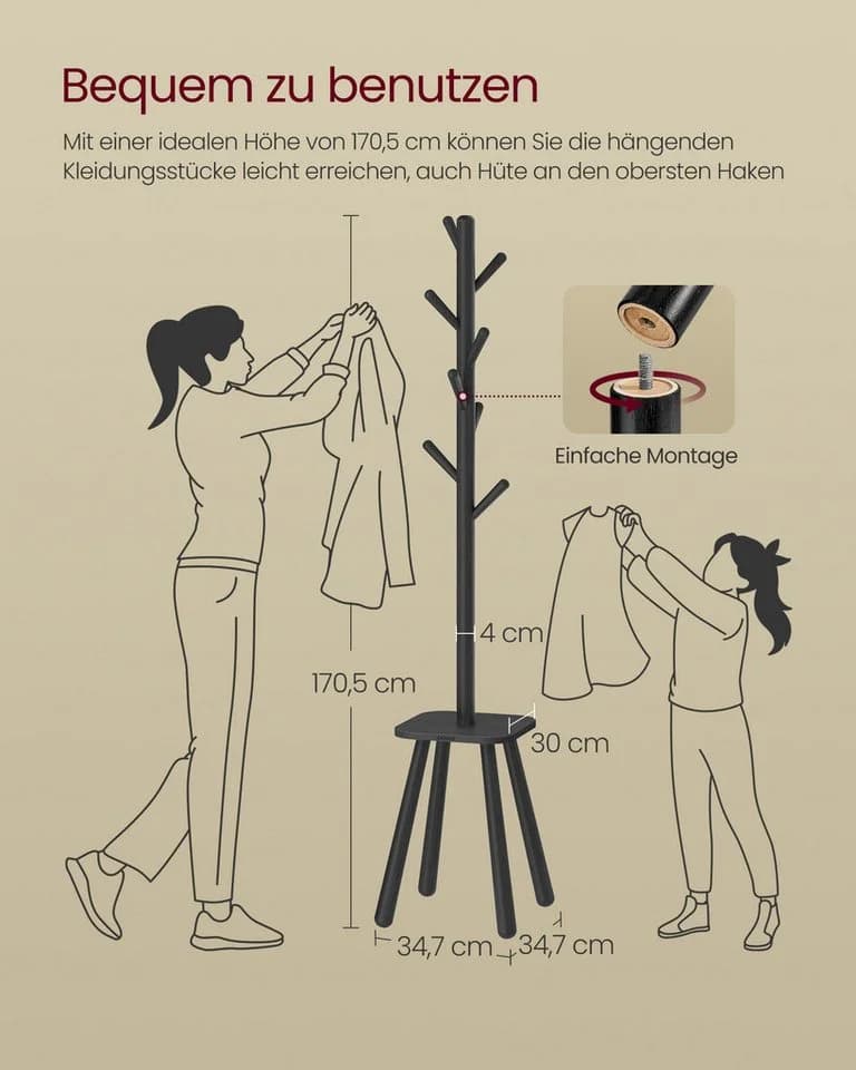 VASAGLE Kleiderständer Garderobenständer 8 Haken Ablagefläche Schwarz - Bild 5