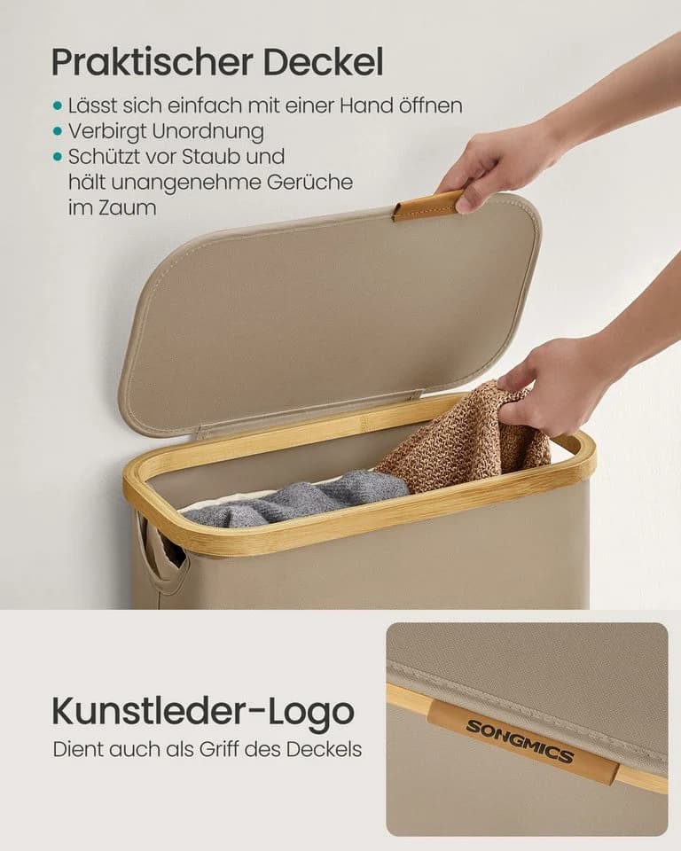 SONGMICS Wäschekorb 65 L Kamelbraun mit Deckel und herausnehmbarem Wäschesack - Bild 4