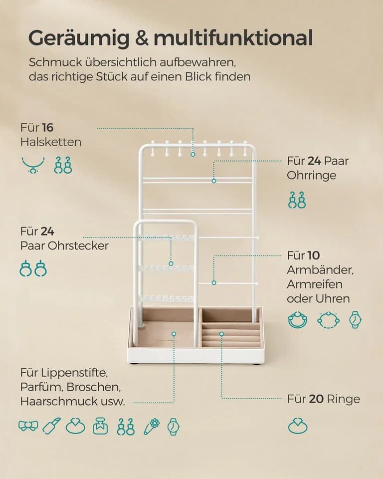 SONGMICS Schmuckständer Weiß/Goldfarben Metall MDF Samt - Bild 4