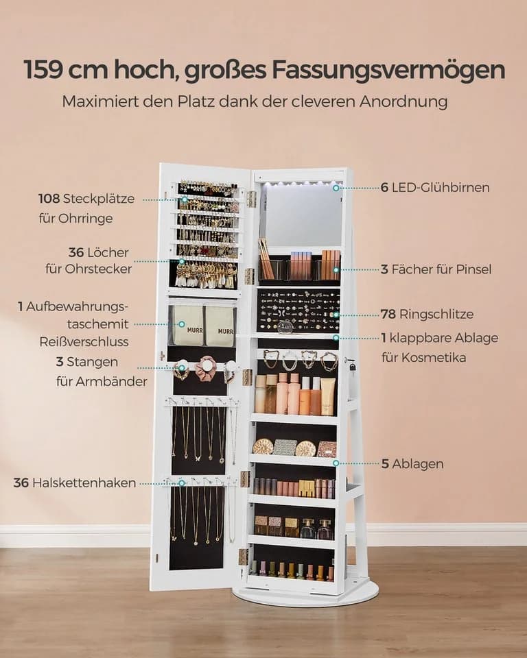 SONGMICS Schmuckschrank mit LED-Beleuchtung und Spiegel Wolkenweiß - Bild 5